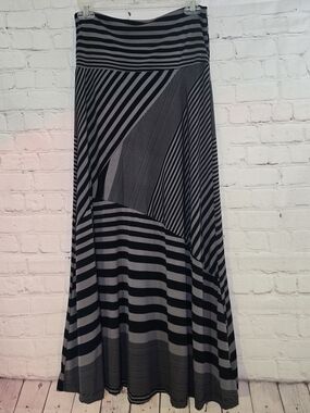 Valerie Bertinelli Black and Gray Striped Maxi Skirt Fold Over Waist Goth Grunge